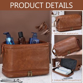 Fychuo Mens Toiletry Bags PU Leather Wash Bags for Men Portable Handheld Hanging Travel Toiletry Bag Brown, Groomsmen Gifts Him Husband Best Man Fathers Day Birthday Christmas