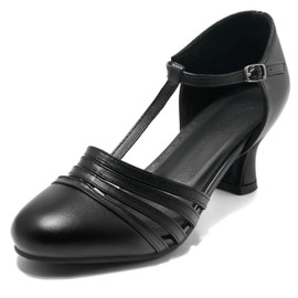 Voviggiw Women 1920s Shoes T-Strap Dance Pumps for Latin Salsa Ballroom Character Shoe Kitten Heel Black Size 38