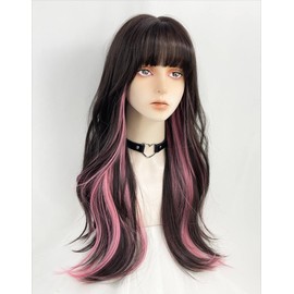 WKLOUYHE WKLOUYHE Long Wavy Wig for Women Synthetic Curly Wig with Bangs Fibre Cosplay Wig for Girls Daily Use Colorful Wigs (Black+Brown+Pink)