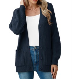 VIISHOW Chunky Knit Open Front Cardigan Long Sleeve Button up Women Cardigan Sweaters for Fall and Winter,Navy Blue,Medium