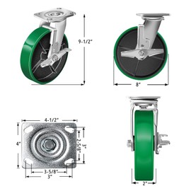 FOVERSWIVE 8"x2" Industrial Casters- Heavy Duty casters,Polyurethane Casters Wheel,Capacity up to 3000 Lb. Use for Platform Truck, U-Boat Cart,Workbenches(2 Brake)