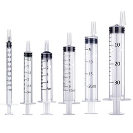 Pack of 6 syringes, 1 ml, 3 ml, 5 ml, 10 ml, 20 ml, 30 ml, reusable syringe, without needle, plastic injection syringe, dosing syringe for laboratory, animal feeding, industrial use