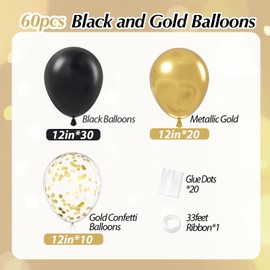 Black and Gold Balloons, 60pcs 12inch Black Metallic Gold Confetti Balloons for Graduation 2025 Anniversary Birthday Party Decorations