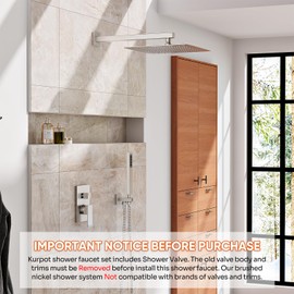 Kurpot Shower System, 10'' High Pressure Brushed Nickel Shower Head with Handheld Spray Combo, Included 59'' Shower Hose, Shower Trim Kit and 2-IN-1 Diverter, Bathroom Shower Faucet Set with Valve