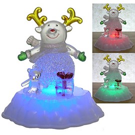 BANBERRY DESIGNS Snowman Lighted with Reindeer Antlers and a Package and Bear - Acrylic LED Christmas Decoration - Glittery Scarf - Color Changing Lights 5.5" H X 5.5" W