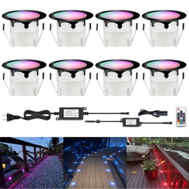 CISLAN LED Outdoor Deck Lights with Photocell, RGB Φ1.77in Low Voltage 12V DC IP67 Waterproof, Remote Dimmable Multi Color Change, Electric Wired Recessed Stair Step Landscape Lighting, 8 Pack Black