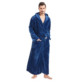 FashGudim Mens Hooded Plush Bathrobe Full Length Fluffy Bathrobe for Big and Strong Men Warm Fleece Bathrobes, navy