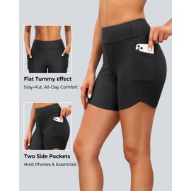 Daci Women Black High Waisted Swim Shorts - 5" Bathing Suit Short with Pockets Liner Tummy Control Swimsuit Bottom Boy Shorts S