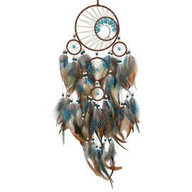 Dream Catcher Wall Hanging, Tree of Life Boho Home Decor, Handmade Spiritual Ornament with Colorful Natural Feathers, Intricate Weaving & Blue Green Beads, Ideal for Bedroom Nursery Living Room