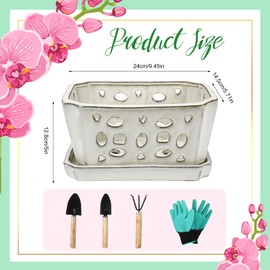 Teenyyou 1 Set 9.5 Inch Orchid Pot with Holes and Saucers Ceramic Orchid Pot with Drainage for Repotting Amaryllis Flower Succulent Planter with Gardening Shovel Set and Gloves for Home Decor(White)