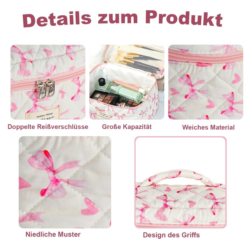 Set of 3 Women's Cosmetic Bags with Bow Pattern, pink,