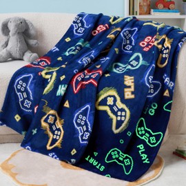 Joiedomi Glow in The Dark Blanket - Gaming Dark Blue Gifts Toys for Girls Age 2 3 4 5 6 7 8 9 10 11 12 Year Old - Soft Cozy Flannel Kids Throw Blanket, Birthday Bedroom Decor 50"×60"