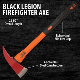 Black Legion Firefighter Axe | All-Stainless Steel Construction | Striking Red Axe Head | No-Slip Rubberized Handle | 4" Blade | 23 1/2" Overall