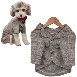 TQFlow Dog Clothes Pet Plaid Suit Dog Tuxedo Costumes, Formal Gentleman Apparel Vest, Wedding Party Birthday Wear French Bulldog Pug Teddy Terrier (M, Brown Coat)