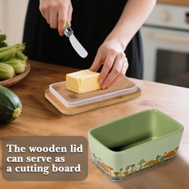Mushroom Butter Dish with Lid,Large Butter Crock Keeper Saver,Ceramic Butter Container for Countertop with Highly Sealed Silicone Thick Wooden Lid for Kitchen Farmhouse Decor (Mint Green, Mushroom)