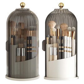Makeup Brush Holder, 360° Rotating Makeup Organiser High Capacity Acrylic Makeup Brush Organiser Cup With Dustproof Lid 24cm Height, Makeup Container Storage (Pure white + lid transparent black)
