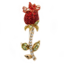 Small Red, Green Austrian Crystal 'Rose' Brooch In Gold Plating - 43mm L