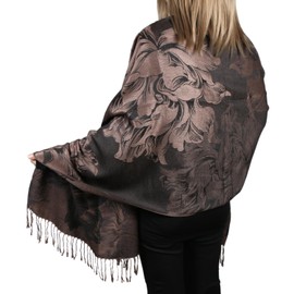 TZ Promise Women's Pashmina Shawls and Wraps Reversible Floral Flower Rave Scarf (Black Brown)