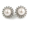Statement Crystal Faux Pearl Floral Clip On Earrings In Silver