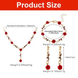 ZAMXHUG Romantic Red Roses Flower Leaf Jewellery Set - Necklace Earrings Bracelet Set for Women Bridal Jewellery Wedding Bridesmaid Jewellery Set for Women Girls, Metal