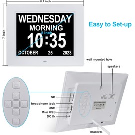 ybest 8 Inch Extra Large Calendar Day Date Time Clock with Non-Abbreviated Day Month Dementia Clocks Perfect for Senior Elderly Impaired Vision Memory Loss
