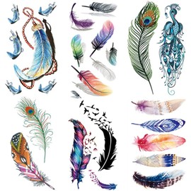 Feather Temporary Tattoos Stickers, 6 Sheets Small Fake Tattoos for Women & Girls, Waterproof Realistic Makeup Face Body Tattoos (Colorful, L4.1"xW2.4"/ L10.5xW6 cm)