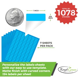 Small Rectangular Labels Printable Stickers for Injket Printers in Blue, Small Matte Labels 1 inch x 0.375 inch for Laser Printers with Template Included - 1078 Pack