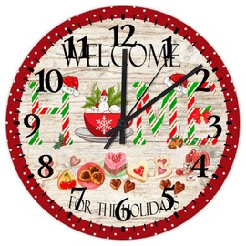 Small Wall Clock Christmas Welcome Home for The Holiday Hot Cocoa Modern Wood Wall Clock Quartz Analog Quiet Restroom Bar Pub Club Cafe Home Restaurant Round Clock for Living Room Decor 12 Inch