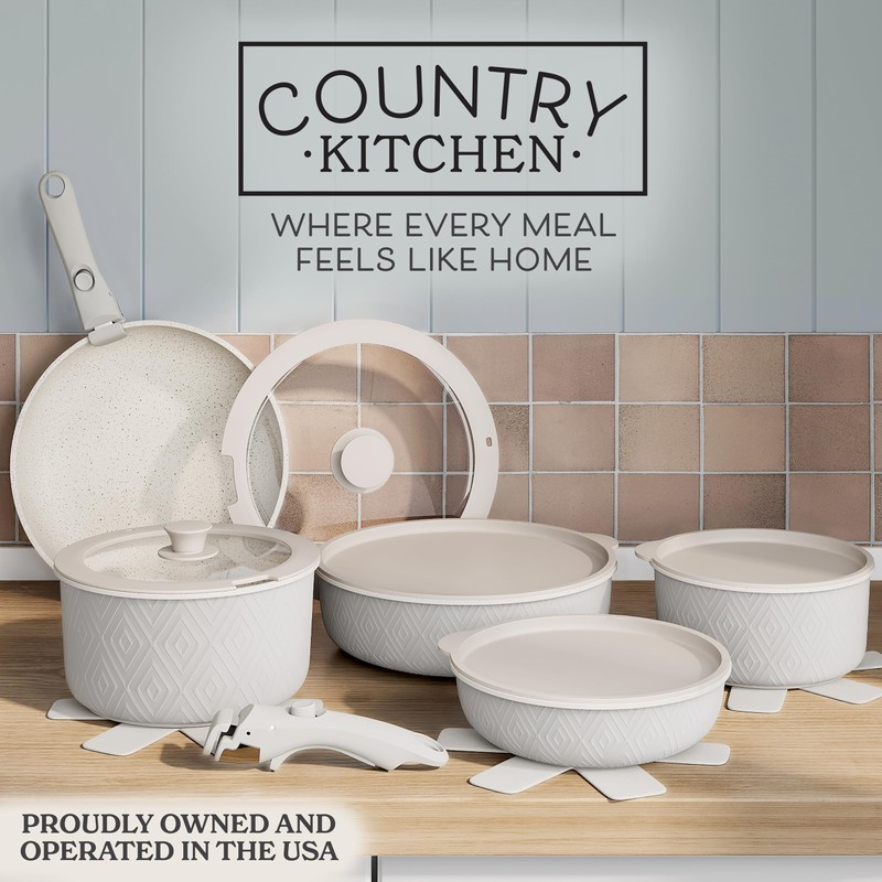 Country Kitchen Cookware Set with Removable Handle, Oven & RV