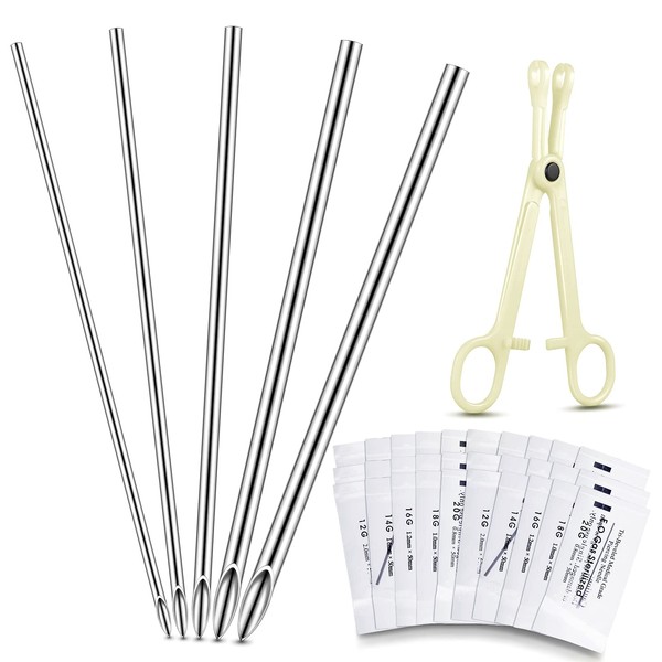 100 Pcs Ear Nose Piercing Needles Body Piercing Needles Mix Size 12G 14G 16G 18G 20G Stainless Steel Piercing Jewelry Kit and 1 Pcs Slotted Locking Pennington Forceps for Kit Supplies (Round Style)