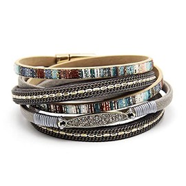 LSxAB Grey Multilayer Leather Wrap Bracelet Handmade Wristbands Braided Boho Cuff Bracelet for Women