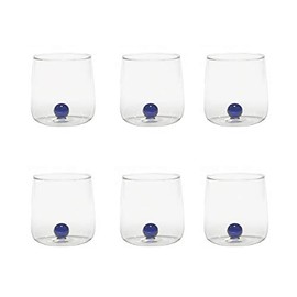 Zafferano Bilia Glass Tumbler - Handmade Transparent Glass 15 ozs, Set of 6 pcs, Colorful Glass Ball (Color: Blue)
