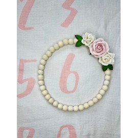 Beaded Wood Wreath with Floral Accents for Nursery Decor, Baby Blanket Milestone Marker Wreath, 8 inches