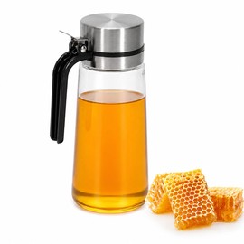 Pethiy Honey Dispenser,21 oz Glass Honey Pot Syrup Dispenser with Metal Top,Coffee Syrup Dispenser Bottle with Handle Kitchen Countertop Maple Syrup Dispenser