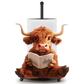 MorningRo Highland Cow Paper Towel Holder Countertop Kitchen Decor and Accessories Black Metal Farmhouse Large Tissue Stand for Home Bathroom 3D Cow Hand Painting Pattern Farm Table Decor Gifts