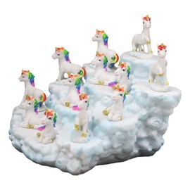 Ebros Magical Clear Blue Sky Clouds Terrace Castle Display Stand Figurine with 12 Miniature Rainbow Unicorns with Golden Horns Decorative Fairy Garden Accent Centerpiece Set