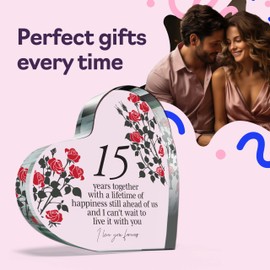 15th Anniversary Plaque Gifts for Wife Husband - 15 Years Together - I Love You Forever Romantic Acrylic Heart Gift For Women Men, 100mm x 100mm Present For Couples Fifteenth Anniversaries