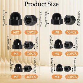 110 Pcs 6 Sizes Hex Acorn Cap Nuts Assortment Kit, M3 M4 M5 M6 M8 M10, Metric Black Nylon Caps for Bolt, Dome Head Hex Nuts for Protection, Indoor and Outdoor Nylon Screw Covers