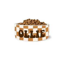 Retro Checkered Custom Dog Food Bowl Ceramic Pet Food Bowl With Name (Large)