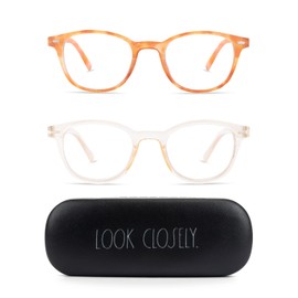 Rae Dunn "ELIZA Blue Light Blocking Reading Glasses - 2 Pack w/LOOK CLOSELY Signature Font Hard Case (Burnt Orange Tort/Crystal Beige, 0.0)
