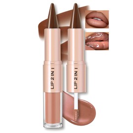 Lip Liner Gloss Lip Combo Set, 2 in 1 Lip Duo Natural Nude Brown Lip Liner Lipstick Glossy Nourishing Toffee Lip Gloss Kit, Smooth Quick Fuller Plumping Juicy Lip Makeup for Women06#Caramel