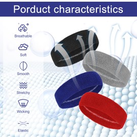 Heclia Sweatbands Sport Headband for Men Women, 4Pcs Breathable Fitness Elastic Head Bands Moisture-Wicking Hair Warp Non-Slip Terry Cotton Sweat Bands for Tennis Running Working Out Basketball
