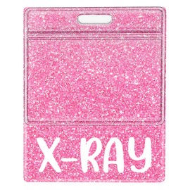 Plifal Oversized X-RAY Badge Buddy Card Holder - XL Radiologist Nurse Nursing Accessories Glitter Pink Horizontal ID Identification Tags for Hospital Student Medical Work