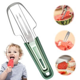 JAMSSOW 3-in-1 Watermelon Cutter, 2024 Improved Stainless Steel Melon Cutter, Watermelon Fork Cutter, Portable Fruit Fork for Camping (Green)