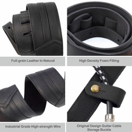 Nefelibata 3" Guitar Strap, Full Grain Leather, 57" Long with Foam Padding, for Bass, Electric and Acoustic Guitars（Charcoal Black）