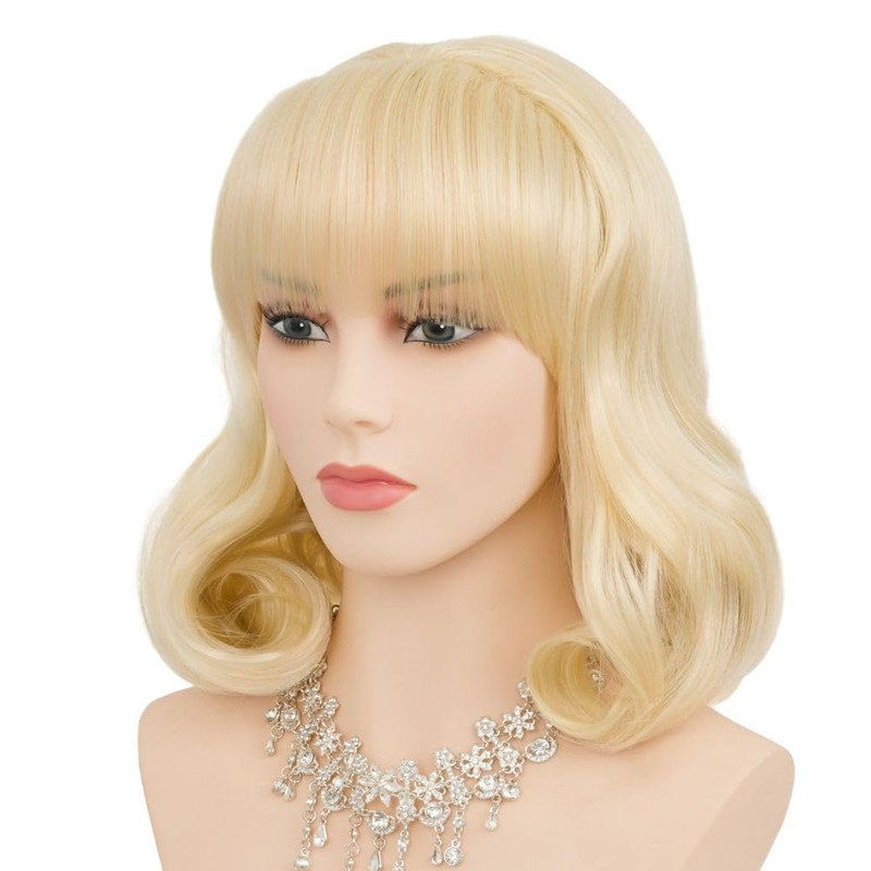 Blonde Curly Womens Wig Retro Wig with Bangs Shoulder Length