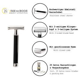 Van De Boos® "Grande" Safety Razor Set Including 20 Astra Razor Blades - Safety Razor Wet Razor with 2-Sided Blade Head and 3-Piece System with Closed Comb (Men and Women Razor)