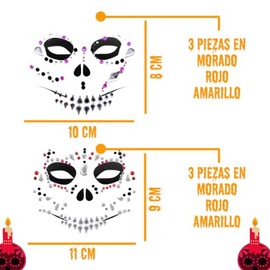 Set de Pedrería Facial de Calavera Catrina con Gemas y Cristales Adhesivos en Tonos Morado, Rojo y Amarillo para Maquillaje de Día de Muertos y Hallow
