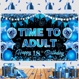 Blue Black 18th Birthday Backdrop Party Decorations for Boys Girls Time to Adult Happy 18th Birthday Backdrop Large 18 Eighteen Years Old Birthday Photography Background Party Supplies, 73" X 43"