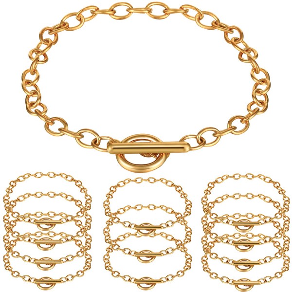 12 Pieces Chain Bracelets Alloy Metal Plated Link Bracelet Chains with OT Toggle Clasps for Men Women Charm Minimalist Jewelry Bracelet Making (Gold)